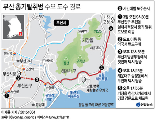 <그래픽> 부산 총기탈취범 주요 도주 경로