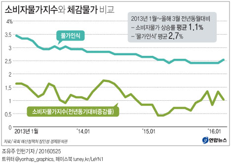 <그래픽> 소비자물가지수와 체감물가 비교