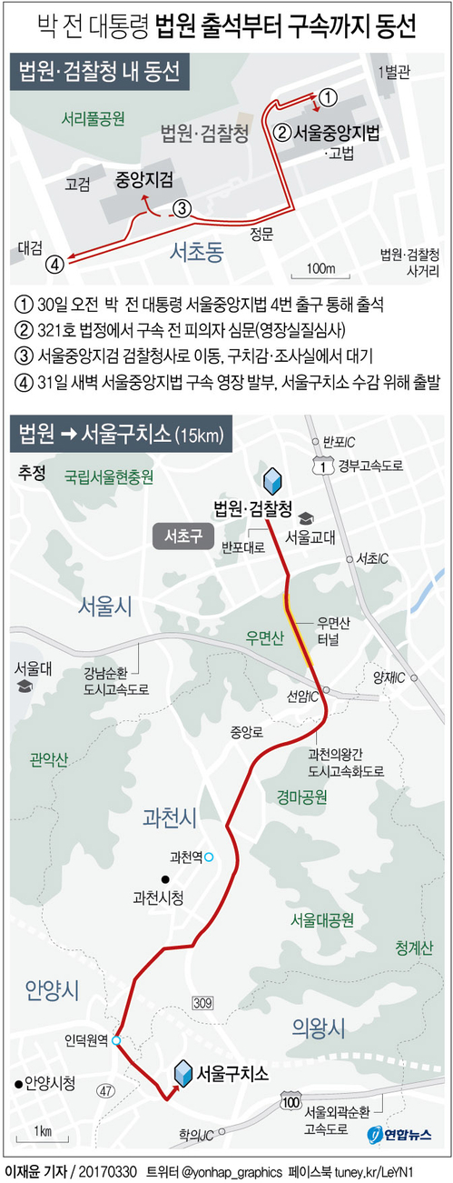 [그래픽] 30일 박 전 대통령 법원 출석부터 구속까지