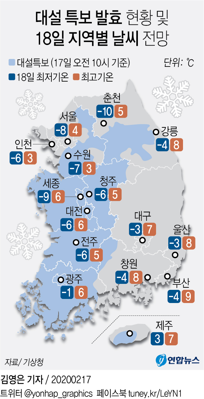 [그래픽] 대설 특보 발효 현황 및 18일 지역별 날씨 전망
