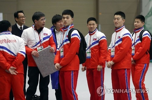North Korean athletes participating in the Asian Winter Games attend the welcome ceremony at Minami Ward Gymnasium in Sapporo, Japan, on Feb. 18, 2017. (Yonhap)
