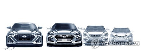 The rendered image, provided by Hyundai Motor Co., shows the latest facelift version of the Sonata midsize sedan (far left). (Yonhap)