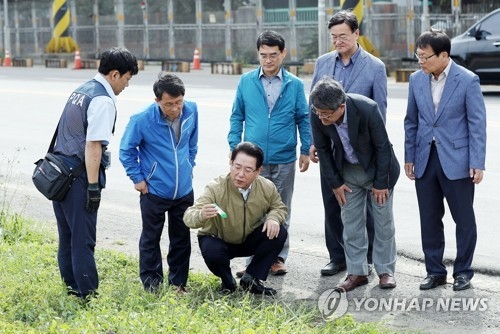 Agriculture Minister Kim Yung-rok (3rd from L) checks one of the ant monitoring traps installed at Incheon Port, west of Seoul, on Oct. 5, 2017, as part of his inspection on fire ants that were first detected in the port of Busan last week and caused worries about them spreading to other regions. (Yonhap) 