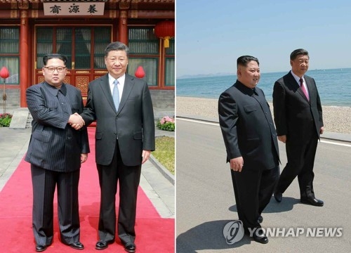 In these file photos, North Korean leader Kim Jong-un (L) meets with Chinese President Xi Jinping in March and May. (Yonhap)