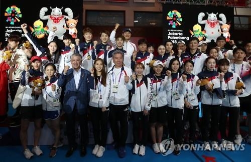 In this file photo from Aug. 24, 2018, South Korean fencers pose for a group after the end of their competition at the 18th Asian Games at Jakarta Convention Center Cendrawasih Hall in Jakarta. (Yonhap)