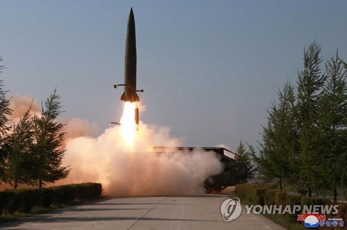 A suspected short-range missile is launched from Kusong, North Pyongan Province, in northwestern North Korea, on May 9, 2019, in this photo released by the Korean Central News Agency. (For Use Only in the Republic of Korea. No Redistribution) (Yonhap)