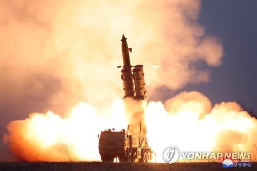 A projectile mounted on a "super-large multiple rocket launcher" is launched off North Korea's east coast on Nov. 28, 2019, in this photo released by the North's official Korean Central News Agency the next day. North Korean leader Kim Jong-un oversaw the test-firing of the system. South Korea's military said the North fired two projectiles from what is presumed to be a super-large multiple rocket launcher from Yeonpo in the country's eastern South Hamgyong Province toward the East Sea. (For Use Only in the Republic of Korea. No Redistribution) (Yonhap)