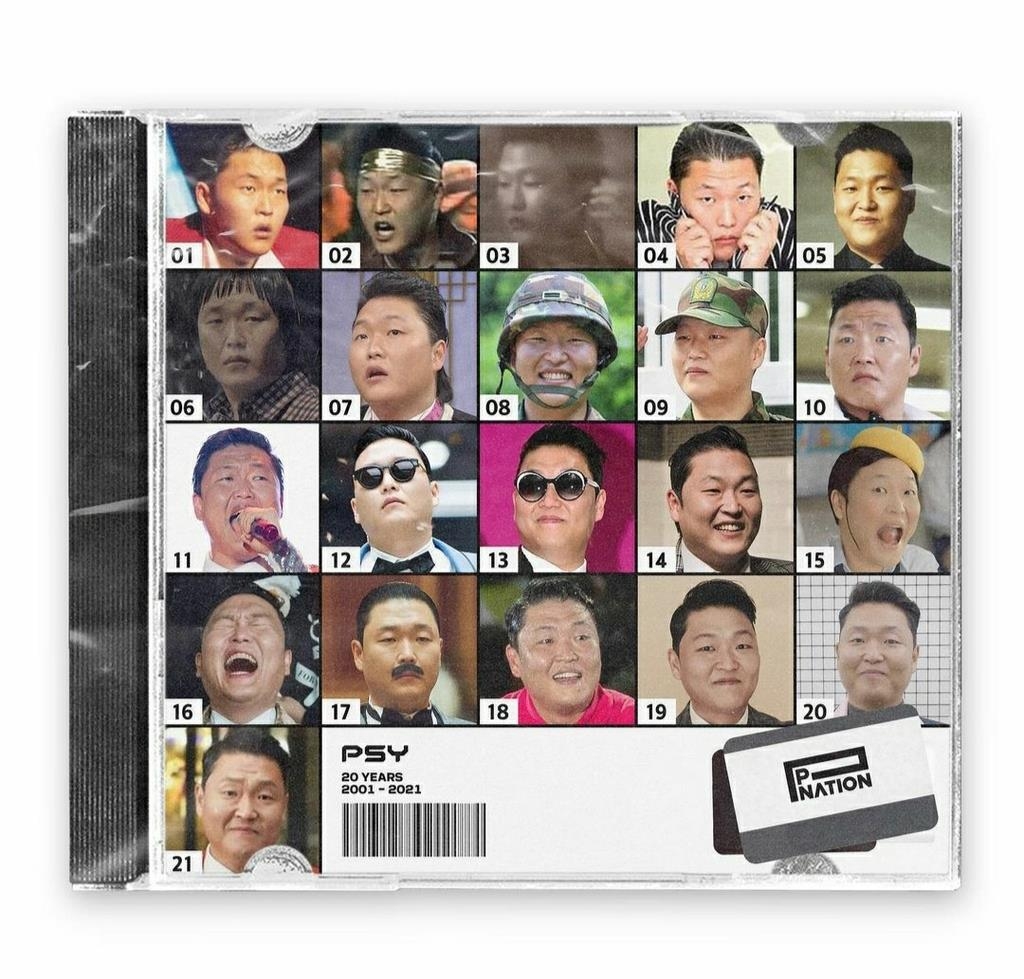 This screenshot from music label P Nation's Instagram account on Jan. 18, 2021, shows photos marking the evolution of Psy on the occasion of the singer's 20th anniversary. (PHOTO NOT FOR SALE) (Yonhap)