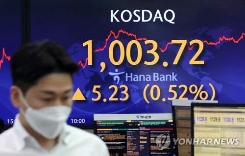 Electronic signboards at a Hana Bank dealing room in Seoul show the tech-laden Kosdaq closed at 1,003.72 on June 17, 2021, up 5.23 points or 0.52 percent from the previous session's close. (Yonhap)