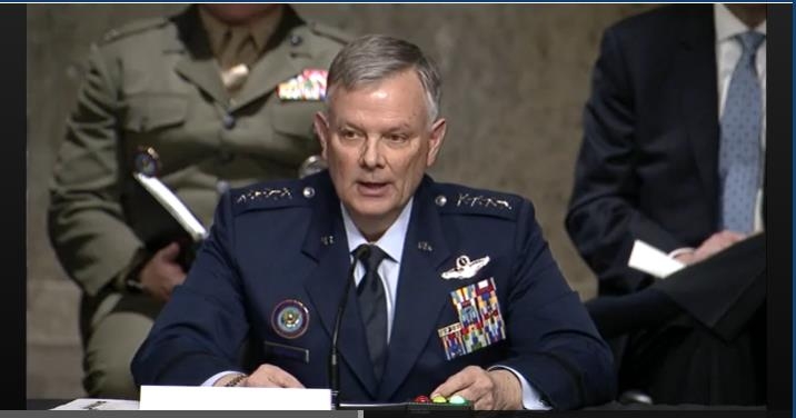 Gen. Glen VanHerck, commander of U.S. Northern Command and North American Aerospace Defense Command, is seen testifying in a Senate Armed Services Committee hearing in Washington on March 24, 2022 in this image captured from the committee's website. (Yonhap)