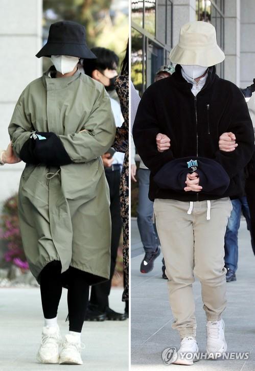 Lee Eun-hae (L), a suspect wanted in a murder case involving her late husband, and her accomplice, Cho Hyun-soo, arrive at the Incheon District Court for a hearing, in the file photo taken April 19, 2022, after being arrested on April 16. (Yonhap)