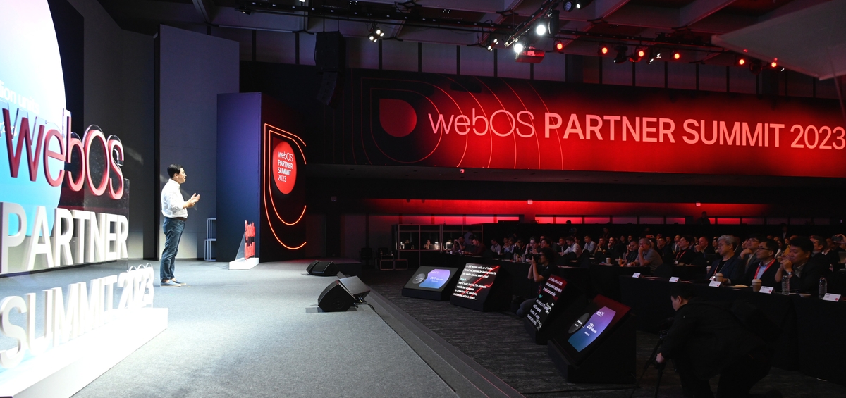 Park Hyoung-sei, president of LG Electronics' home entertainment division, speaks in front of audience at the webOS Partner Summit held at LG Science Park in western Seoul on Sept. 19, 2023, in this photo provided by the company. (PHOTO NOT FOR SALE) (Yonhap)