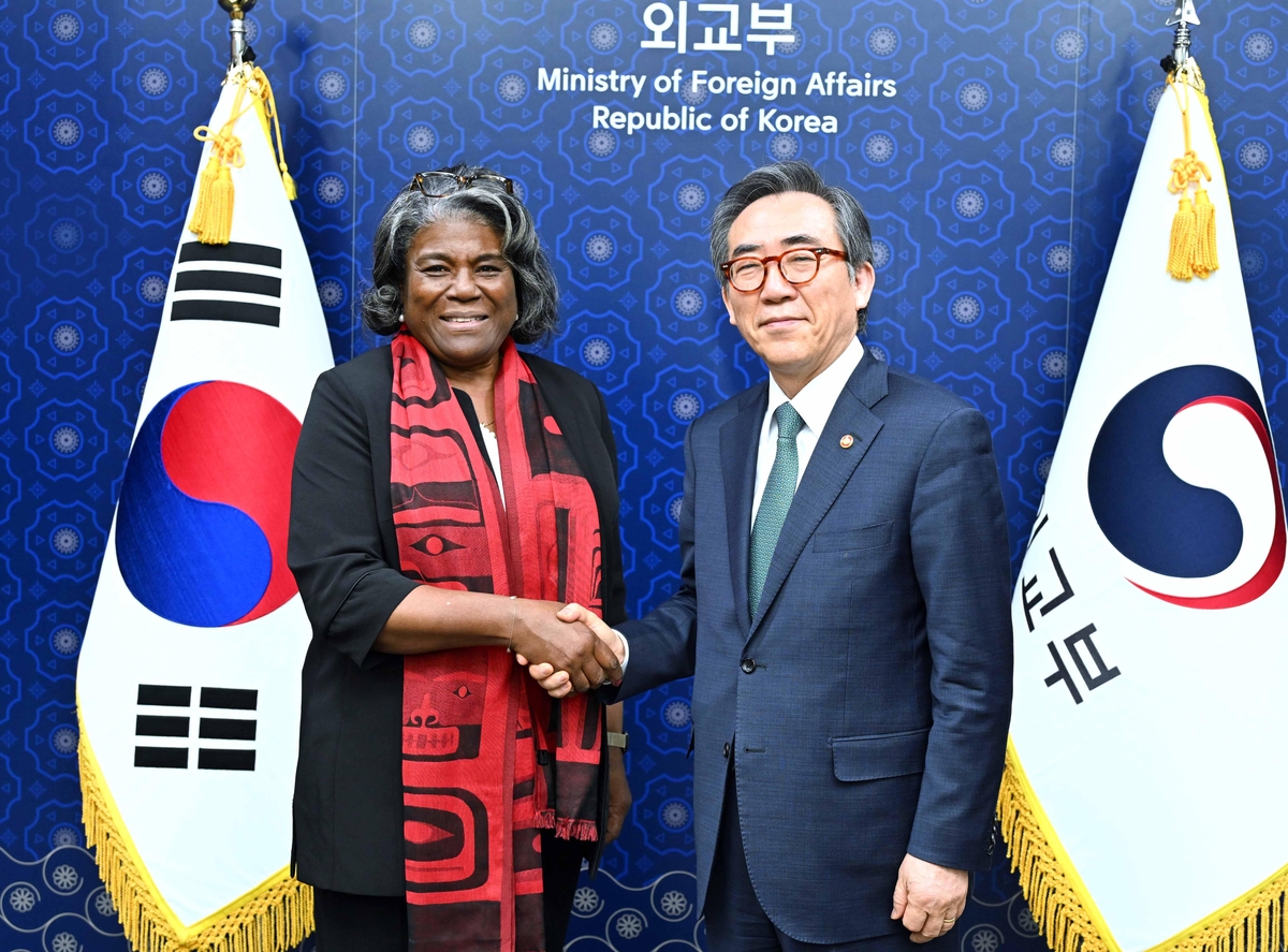 U.S. Ambassador to the United Nations Linda Thomas-Greenfield (L) shakes hands with Foreign Minister Cho Tae-yul ahead of their meeting at the foreign ministry in Seoul on April 15, 2024, as provided by Cho's office. (PHOTO NOT FOR SALE) (Yonhap)