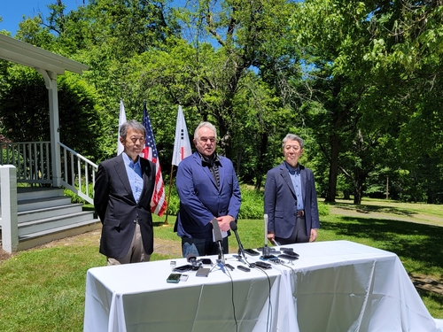 U.S. Deputy Secretary of State Kurt Campbell (C) speaks to the press before a trilateral meeting with South Korea's Vice Foreign Minister Kim Hong-kyun (R) and Japanese Vice Foreign Minister Masataka Okano at Iron Bell Farm in Virginia on May 31, 2024. (Pool photo) (Yonhap)