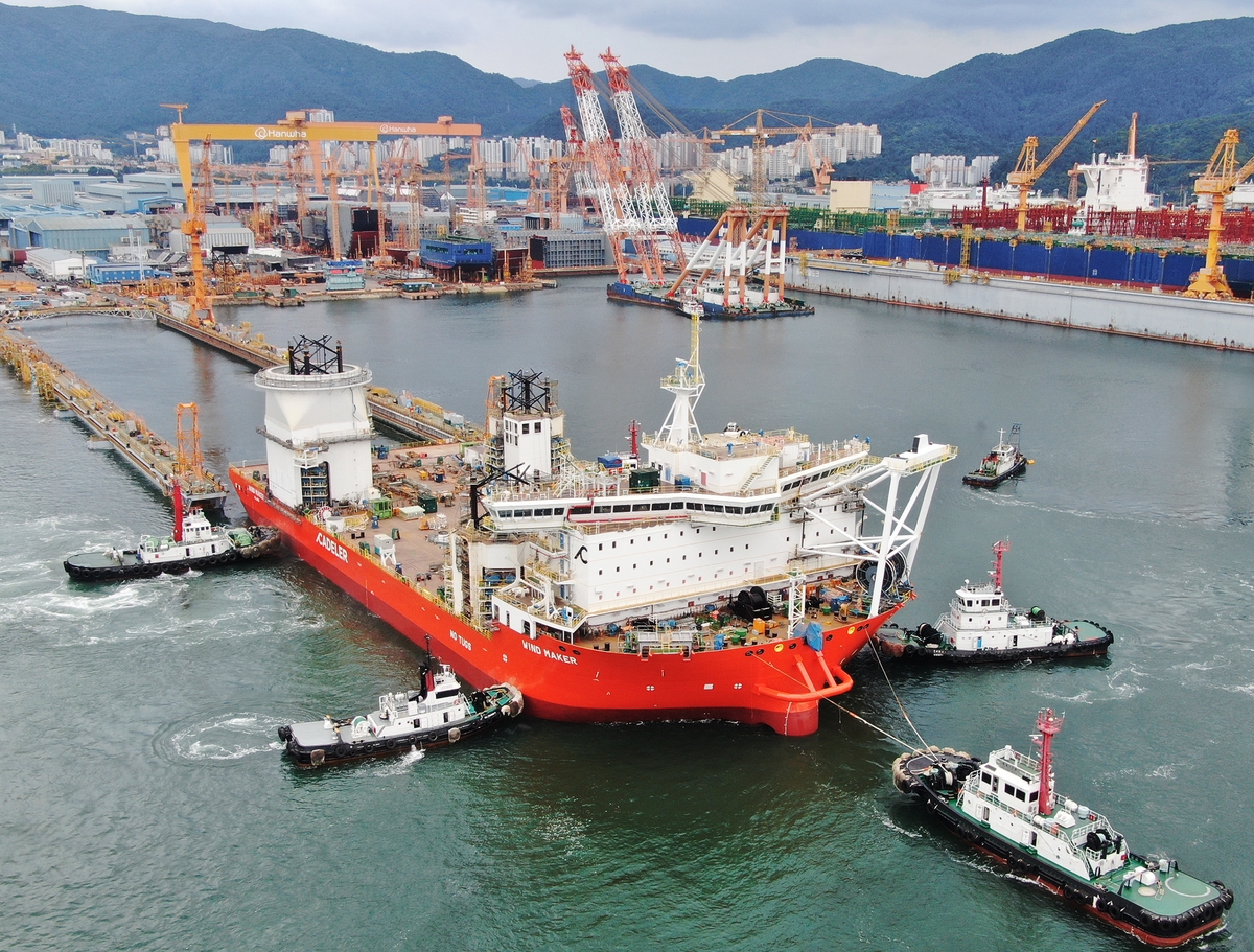This photo provided by Hanwha Ocean Co. shows its wind turbine installation vessel. (PHOTO NOT FOR SALE) (Yonhap)