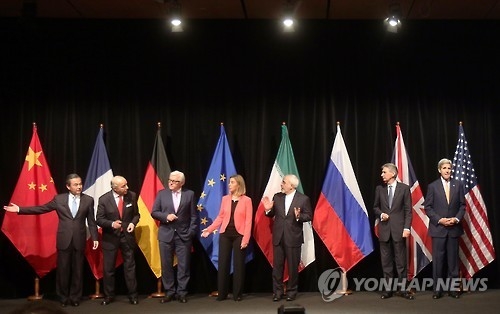 2015년 이란 핵협상 13년만에 타결 직후 이란과 주요 6개국 외교장관들