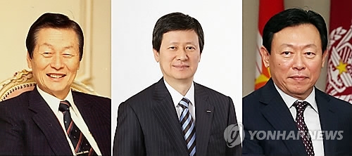 신격호 롯데 총괄회장(좌) 신동주 전 롯데홀딩스 부회장 신동빈 롯데 회장(우)