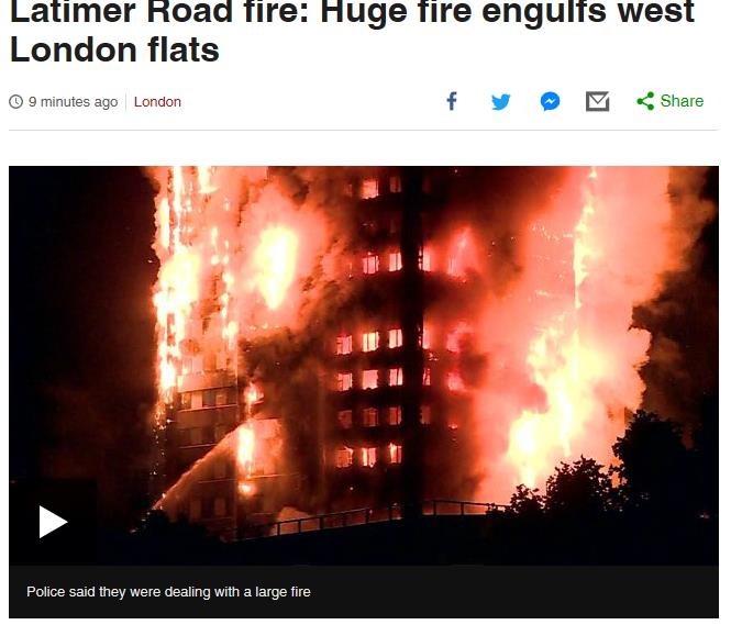 서부런던에서 불길에 휩싸인 24층 건물[영국 BBC방송 캡처]