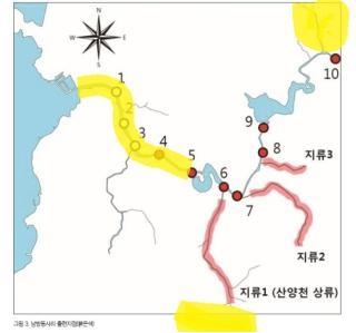 노란색 구역이 남방동사리가 발견된 산양천 하천 구역.