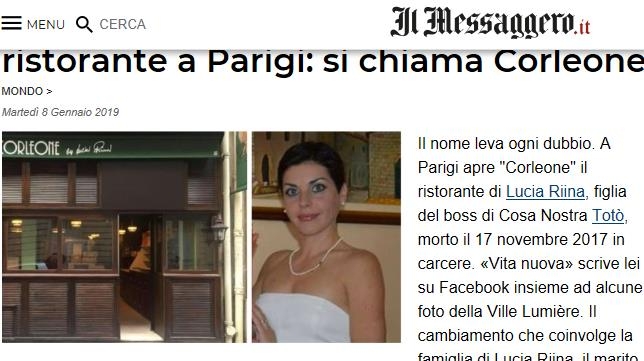 악명높은 이탈리아 마피아 두목의 딸(왼쪽)이 파리에 이탈리아 식당 '코를레오네'를 개점했다고 보도한 일간 일메사제로 [일메사제로 홈페이지 캡처] 