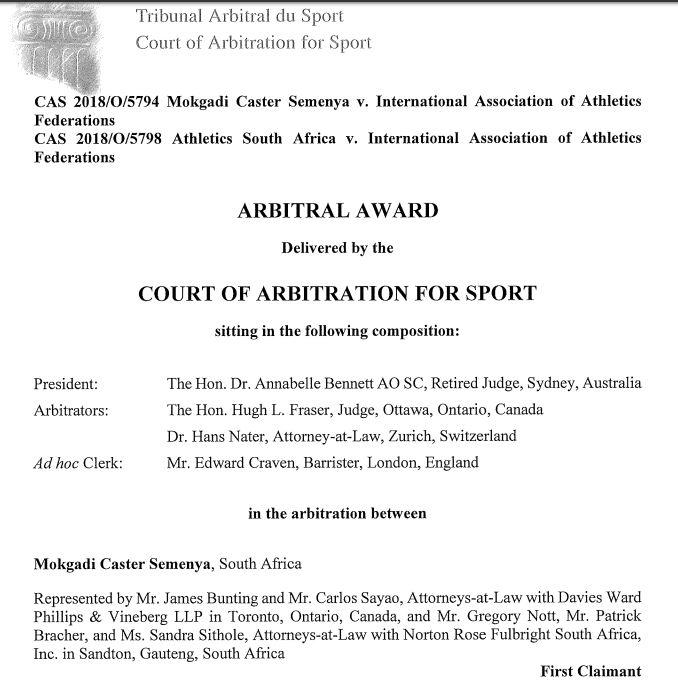 스포츠중재재판소(CAS)가 공개한 IAAF와 세메냐 재판 기록