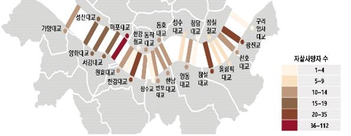 한강 교량별 자살사망자 수