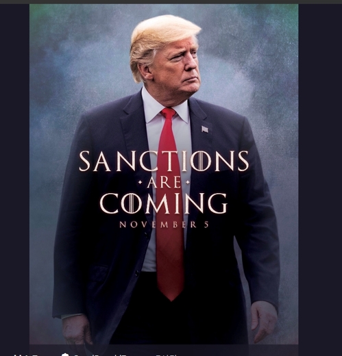 도널드 트럼프 미국 대통령이 2018년 11월 이란에 대한 경제제재 복원을 경고하며 트위터 계정에 올린 포스터 형태 게시물 [트위터 캡처] 