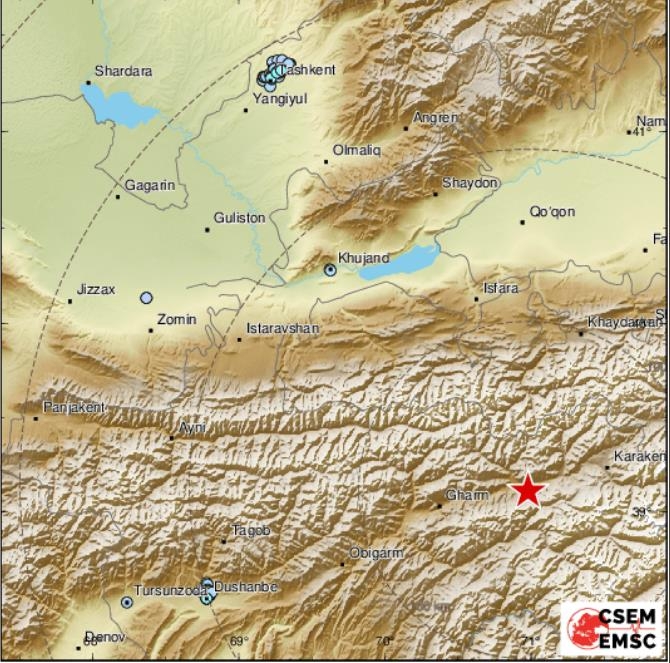 타지키스탄 지진 발생지점(붉은 별표)