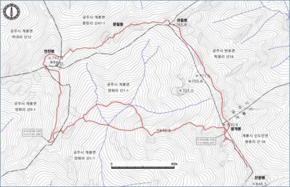 계룡산성의 위치(빨간선)