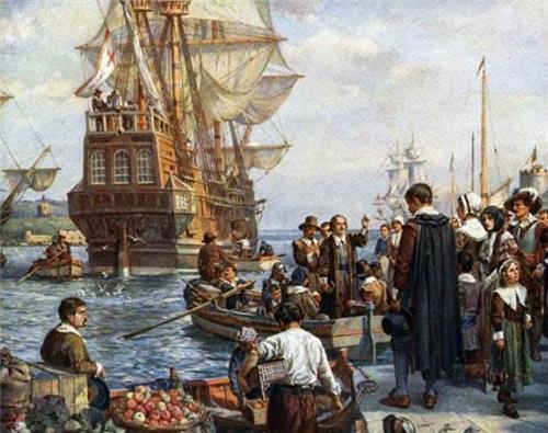 영국 청교도 102명이 1620년 9월 16일 잉글랜드 남서부 플리머스에서 메이플라워호에 오르기 위해 작은 배에 타고 있다. [출처 위키피디아] 