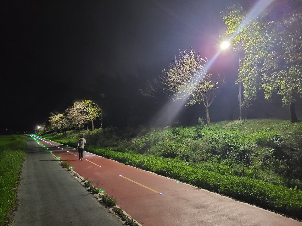 태양광 가로등을 설치한 진천 백곡천변 자전거도로