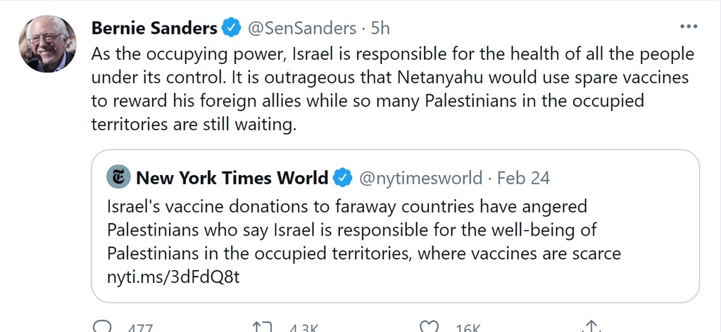 이스라엘의 '백신 외교'를 비판한 버니 샌더스 미 상원의원의 트윗