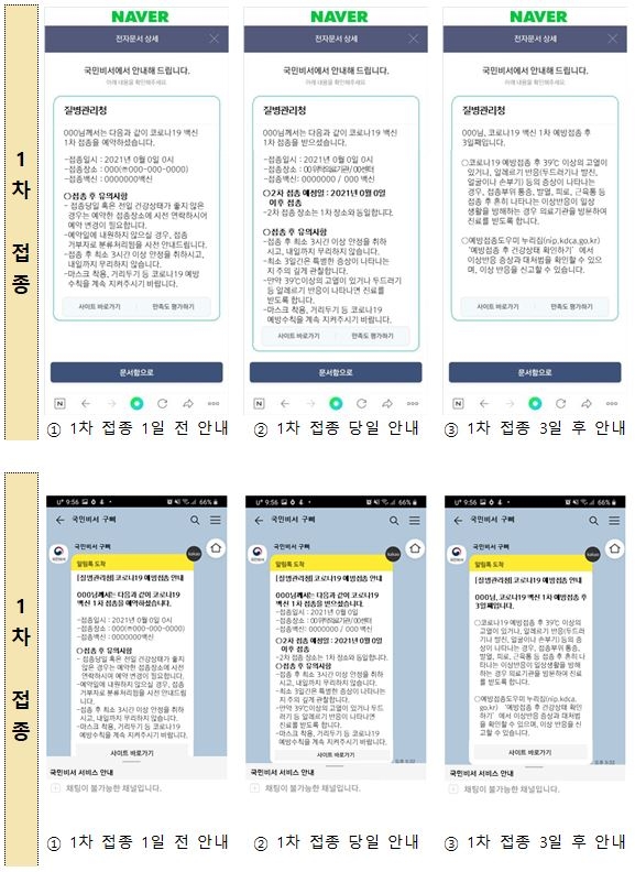 '국민비서' 코로나19백신 1차 접종 안내 서비스 화면(네이버·카카오)