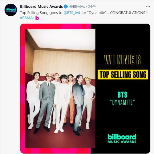La imagen, publicada en la cuenta de Twitter de los Premios de Música de Billboard, muestra la victoria de BTS en los premios de este año, en la categoría de la canción más vendida, con su éxito "Dynamite". (Prohibida su reventa y archivo)