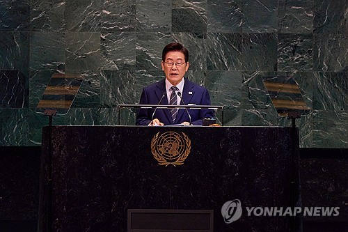 El presidente surcoreano, Lee Jae Myung, pronuncia un discurso de apertura durante la Asamblea General de las Naciones Unidas, el 23 de septiembre de 2025 (hora local), en Nueva York, EE. UU. (Foto del cuerpo de prensa. Prohibida su reventa y archivo)