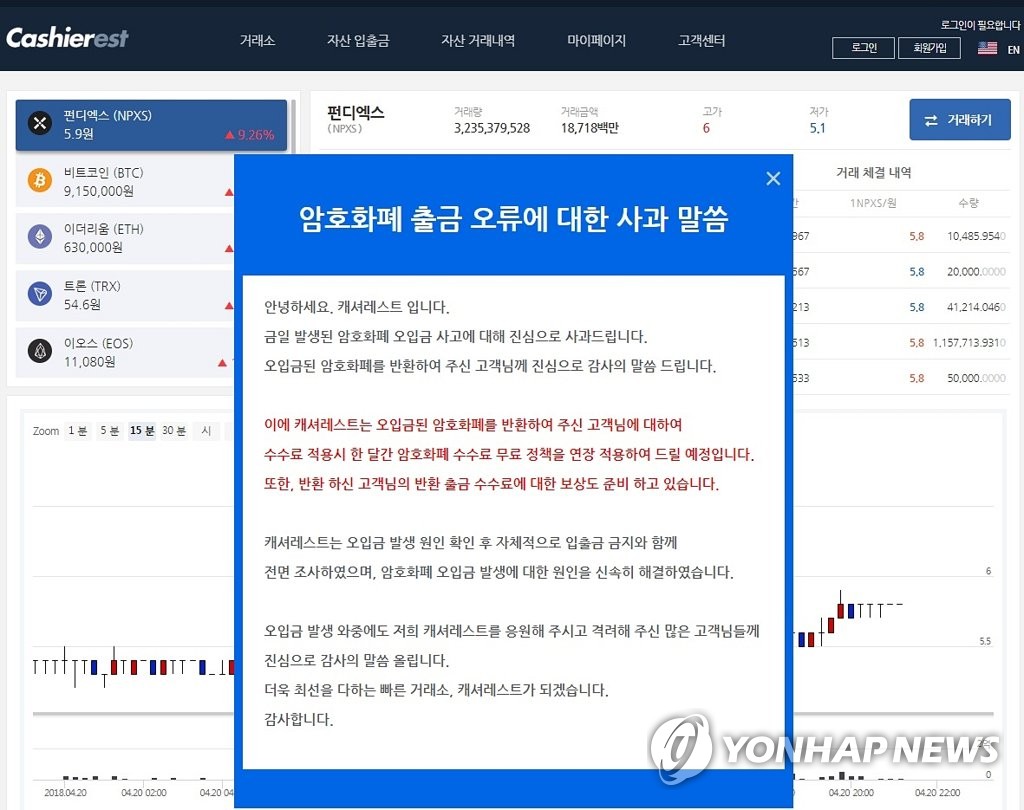 가상화폐(암호화폐) 거래소 '캐셔레스트' 출금 오류 사과문