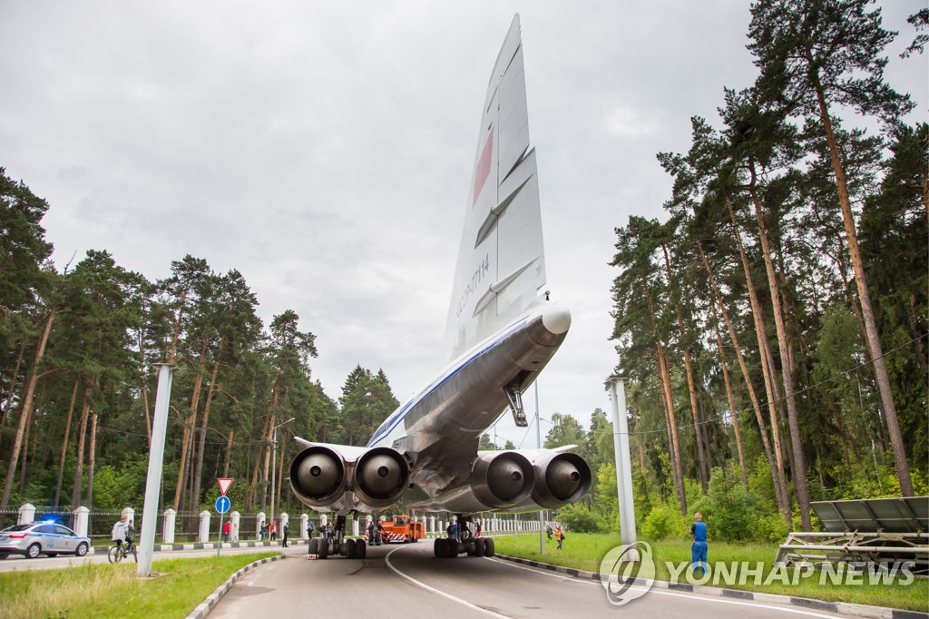 Towing Tupolev Tu-144 supersonic jet airliner in Zhukovsky, Moscow Region