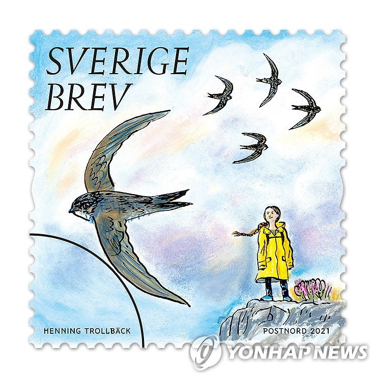 환경운동가 그레타 툰베리의 모습을 담은 스웨덴 우편 서비스 '포스트노르드'(PostNord) 발행 우표. [POSTNORD/Handout via REUTERS=연합뉴스. 포스트노르드 제공. 재판매 및 DB 금지]