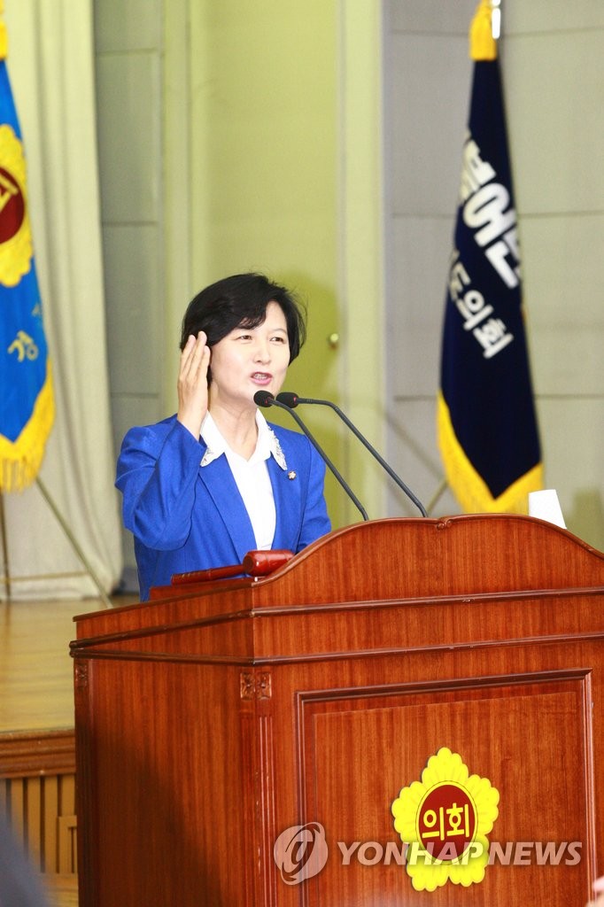 경기도의회에서 지지 호소하는 추미애 의원