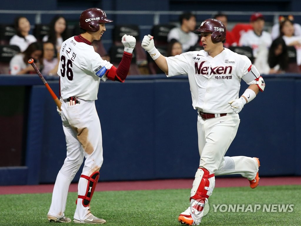 In this file photo from May 17, 2018, Park Dong-won of the then Nexen (currently Kiwoom) Heroes (R) celebrates his solo home run against the Kia Tigers with his teammate Kim Kyu-min in the bottom of the fifth inning of a Korea Baseball Organization regular season game at Gocheok Sky Dome in Seoul. (Yonhap)