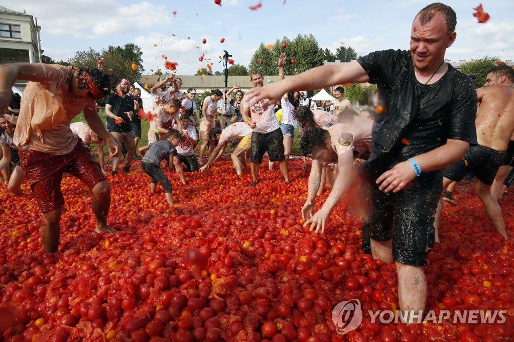 ′토마토 속으로 풍덩′…러시아 상트페테르부르크 ′토마티나′ 축제