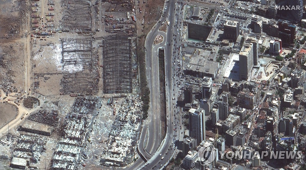 대폭발 후의 베이루트 항구와 주변지역 위성사진