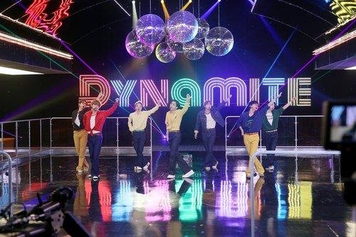 This photo, provided by Big Hit Entertainment, shows BTS performing "Dynamite." (PHOTO NOT FOR SALE) (Yonhap)
