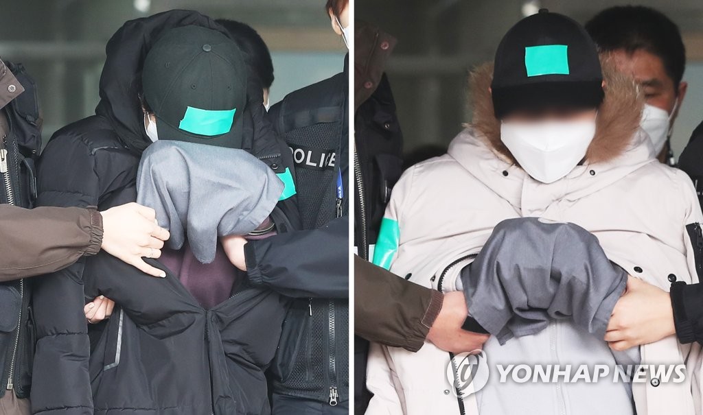 In this combined image, a couple appear for a court hearing in Yongin, just south of Seoul, on Feb. 10, 2021, over allegations of abusing their 10-year-old niece to death. (Yonhap) 