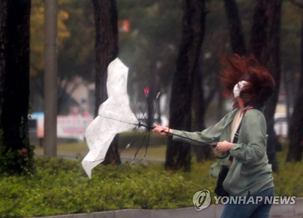 태풍 찬투가 남해 동부 먼바다를 지났던 작년 9월 17일 오후 부산 해운대구 우동 한 거리에서 한 시민이 쓰고 있던 우산이 강풍에 뒤집히고 있다. [연합뉴스 자료사진]