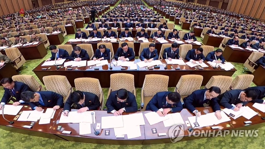 North Korea convenes the sixth session of the 14th Supreme People's Assembly in Pyongyang, in this photo captured from the North's state TV on Feb. 8, 2022. The North's state media said the two-day meeting wrapped up the previous day. (For Use Only in the Republic of Korea. No Redistribution) (Yonhap)
