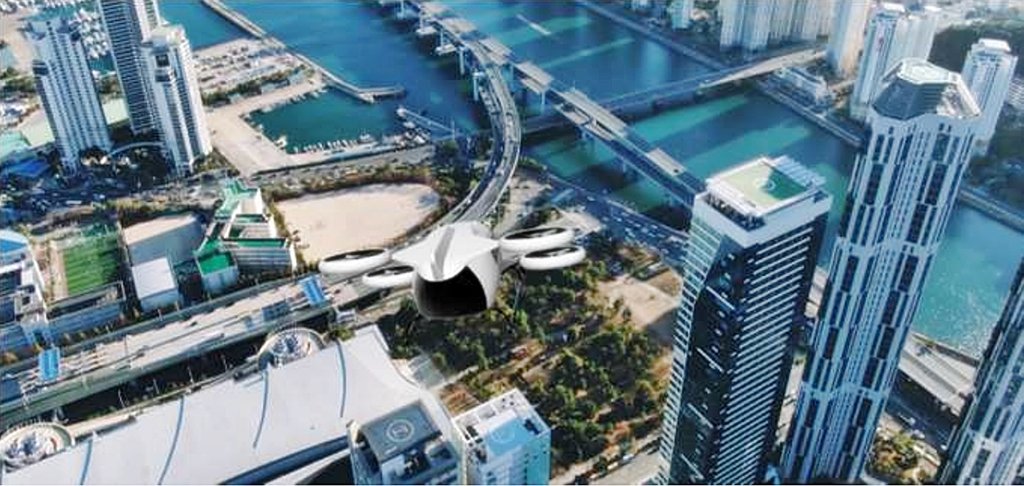 This rendered image provided by LG Uplus Corp. shows the company's envisioned urban air mobility taxi service in Busan, 450 kilometers southeast of Seoul. (PHOTO NOT FOR SALE) (Yonhap)