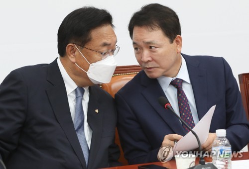 대화하는 정진석 비상대책위원장과 성일종 정책위의장