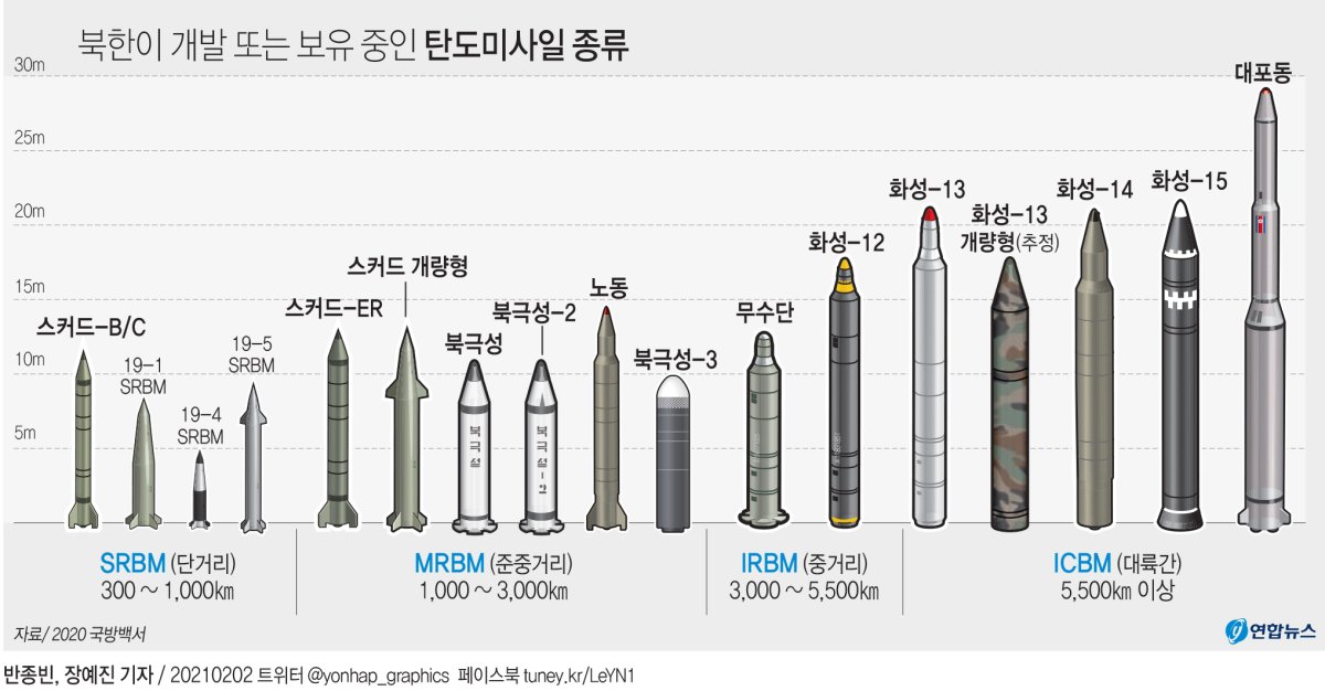 [그래픽] 북한이 개발 또는 보유중인 탄도미사일 종류