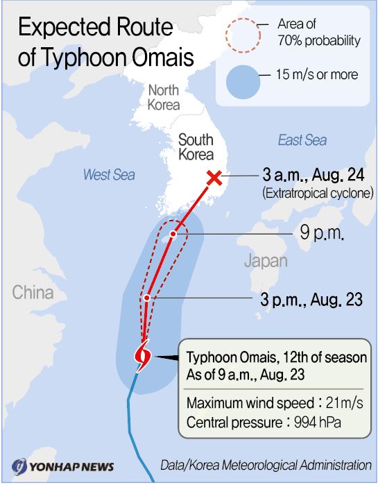 (2nd LD) Downpours, strong winds forecast for Jeju, southern coastal areas, as typhoon expected to make landfall - 2